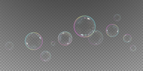 Realistic soap bubbles vector, png on a transparent background. Flying and falling soap bubbles.	
