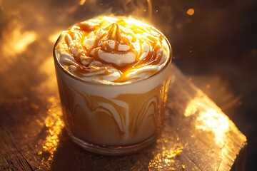 A warm vanilla bean latte with caramel swirls and a creamy top, resting on a wooden surface with a soft golden light.