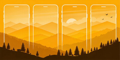 Obraz premium Silhouettes of towering mountains and trees are gently enclosed within the outlines of smartphone screens, creating an intriguing blend of technology and nature. AI