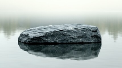 Serene lake rock reflection, misty morning, calm
