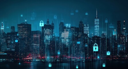 Obraz premium Digital cityscape with security symbols, lock icons, and digital connection lines over the New York skyline at night, symbolizing modern technology in data protection and cyber police network design G