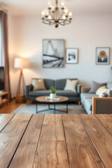 Empty wooden table top with blurred living room interior background. Space for product display and montage.