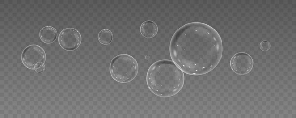 Realistic soap bubbles vector, png on a transparent background. Flying and falling soap bubbles.