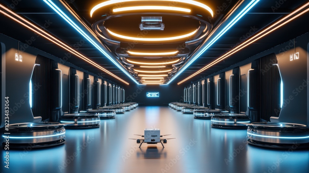 Poster futuristic drone delivery system in automated warehouse
