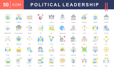 Icon set illustrating Political Leadership, governance, and civic activities, including elections, policies, debates, civil rights, protests, and government strategies. Ideal for political and educati