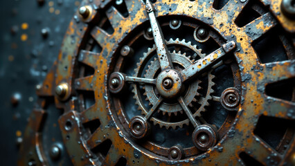 A close-up view of a rusty clock mechanism with intricate metal parts.