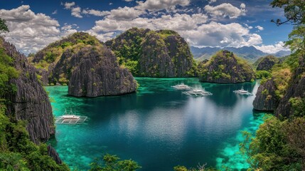 Tropical Lagoon Boats Cliffs Lush Green Scenery