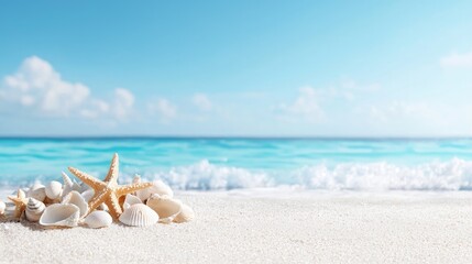 Seashells and starfish on beach, turquoise ocean background; summer vacation