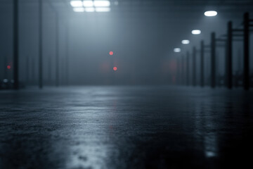 A dark, empty room with a wet floor