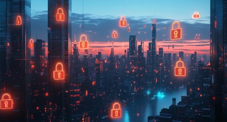 Fototapeta premium A digital cityscape with glowing padlock icons floating above, symbolizing the security of smart urban infrastructure Generative AI