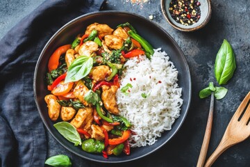 Delicious stir-fried chicken with colorful vegetables served alongside steamed white rice, garnished with fresh basil leaves in a dark ceramic bowl on a rustic table setting