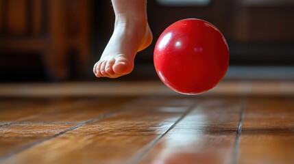 Child's bright red ball lightly kicked in mid-air over a warm wooden floor
