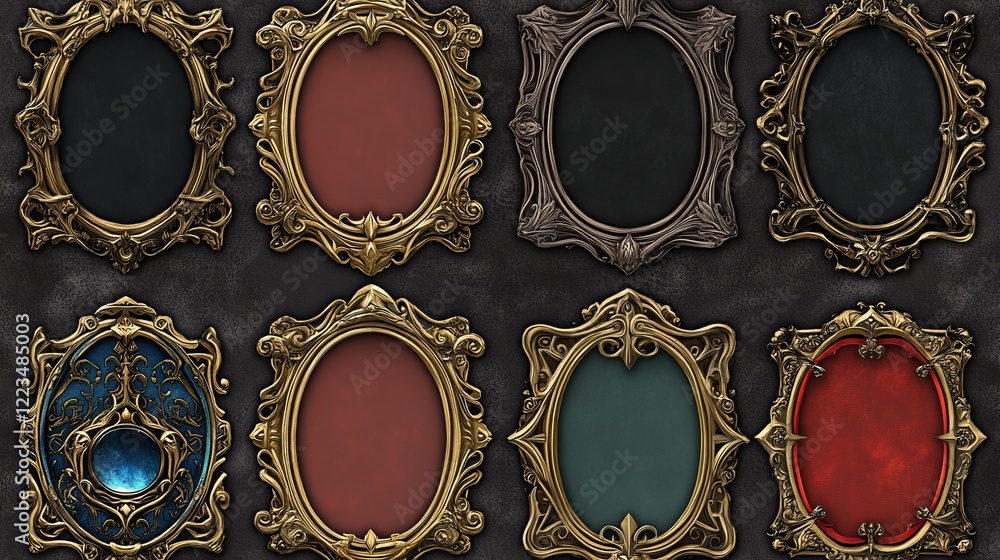 Aufkleber medieval game frames or buttons, user interface menu elements. oblong colorful ui banners with gold 