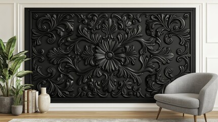 Elegant Black and White Floral Wall Panel in Modern Interior
