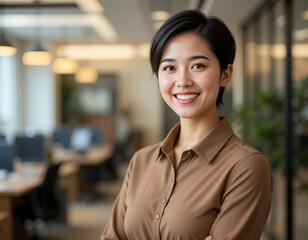 Close-Up Headshot of a Smiling Young Hispanic Businesswoman, Confident Corporate Manager or Entrepreneur in Office Setting