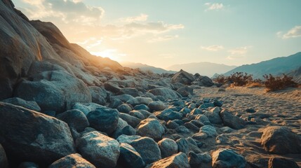 Sunset illuminates rocky hillside desert landscape