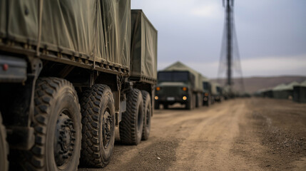 Close-up of a supply truck being unloaded near military tents at a desert base, with the communication tower towering over the operation, highlighting logistics in action.