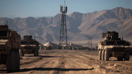 A rugged communication tower with antennas at the center of a desert military base, surrounded by armored vehicles, tents, and soldiers preparing for deployment.