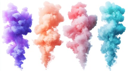 Dust spray, white smoke, powder explosion with particles. Flow mist, smoky stream trail, aroma or toxic clouds, steaming chemical or cosmetics product vapour. Realistic 3d vector isolated clip art set
