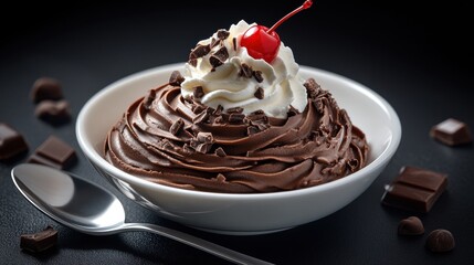 Delicious Chocolate Mousse with Whipped Cream and Cherry
