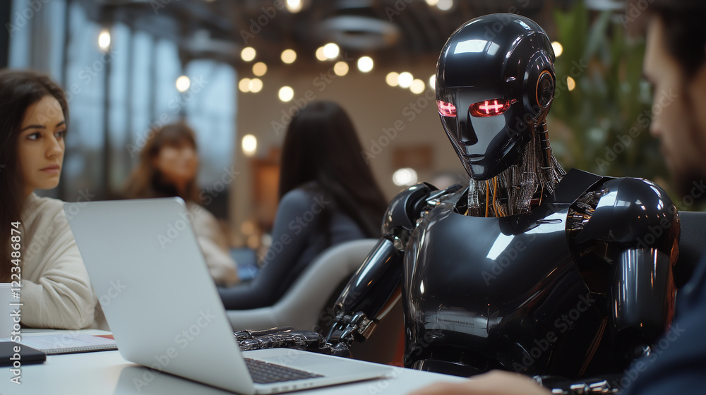 Aufkleber a robot with a shiny metallic surface sitting in an open-plan office, using a laptop while surrounde