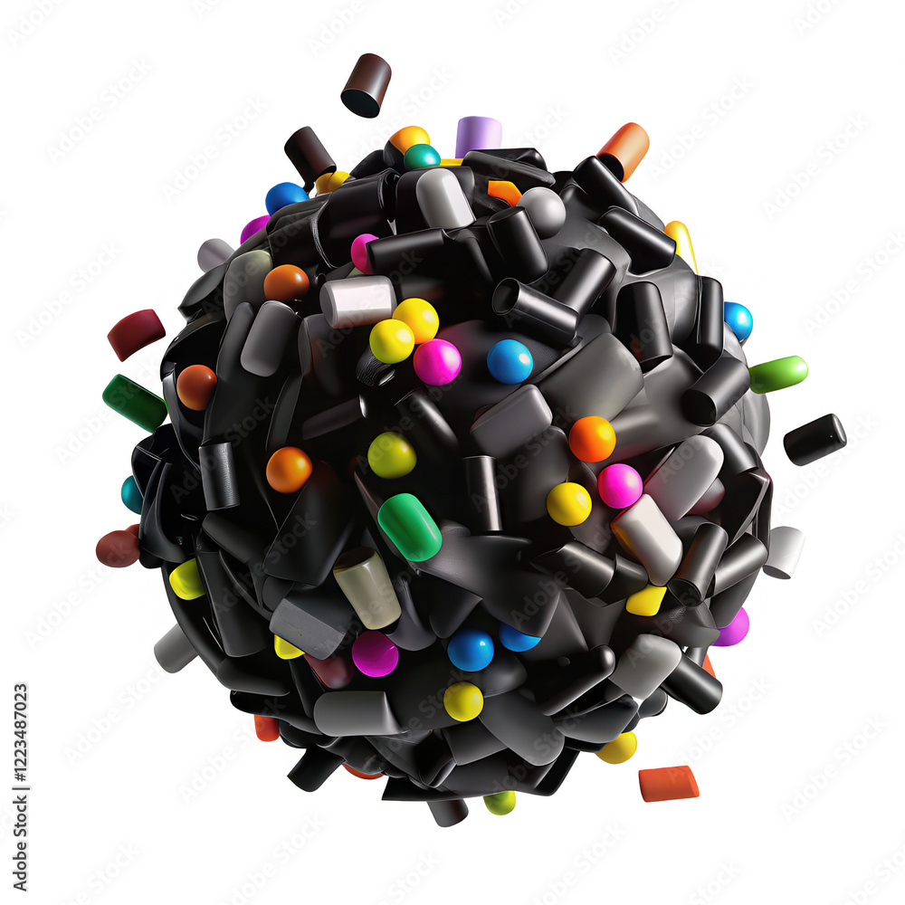Poster a 3d render of a spherical shape covered in colorful capsules and black objects, displaying an artis