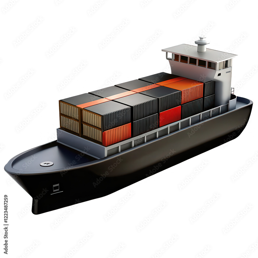 Poster a 3d model of a container ship featuring colorful cargo containers stacked on board, set against a n