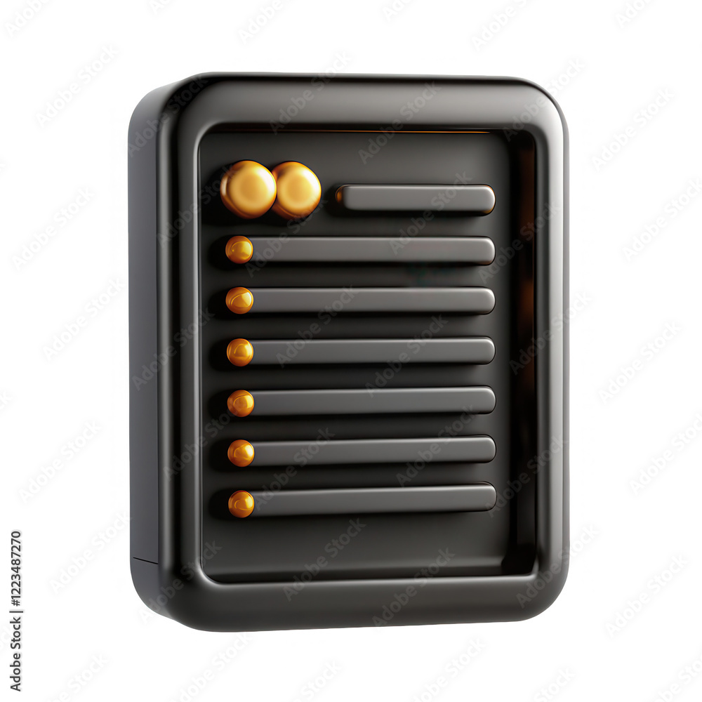 Poster a 3d render of a black model featuring golden buttons, set against a dark background. the design ref