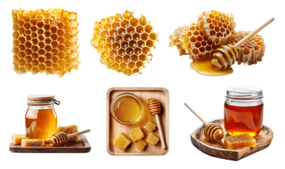 Collection set of Honeycomb beeswax, honey dripping drip dipper, jar bottle plate serve on transparent cutout PNG file. Many style. Mockup template for artwork. 