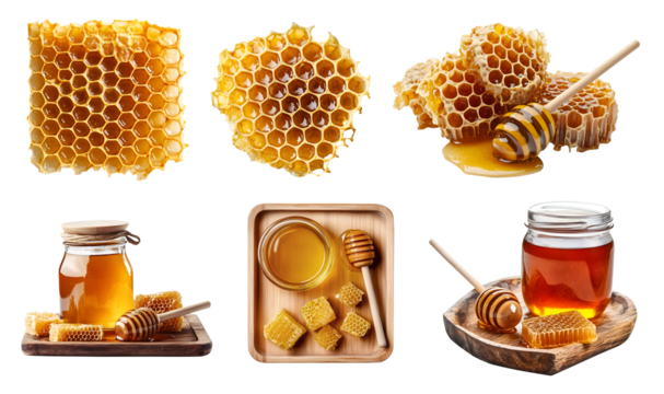 Collection set of Honeycomb beeswax, honey dripping drip dipper, jar bottle plate serve on transparent cutout PNG file. Many style. Mockup template for artwork. 
