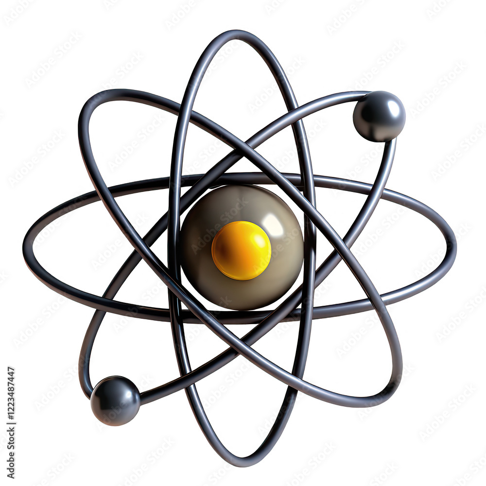 Poster a detailed 3d render of an atomic structure featuring electron orbits around a nucleus, showcasing a