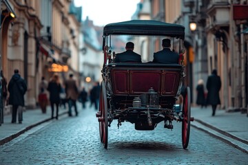 City street with horse-drawn carriage and two passengers on a busy evening stroll