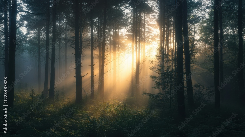 Poster sunlight filtering through misty forest trees at dawn