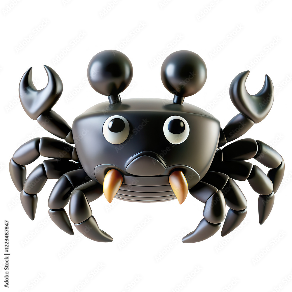 Poster this is a 3d render of a black crab with large claws and cartoonish eyes. the crab is styled with a 