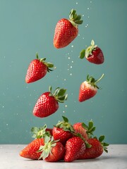 Vivid red strawberries floating gracefully against a teal background with light splashes. A vibrant and fresh visual perfect for fruit promotions, health campaigns, and creative food photography