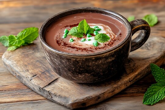 Dark chocolate mint hot cocoa, garnished with crushed mint leaves and a swirl of cream, in a rustic stoneware mug on a wooden table.