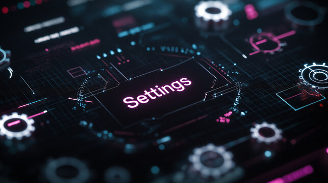A digital interface with multiple 3D gear icons interwoven into colorful graphs and scatterplots, with "Settings" text glowing softly at the center of the screen.