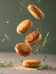 Crispy breaded cutlets floating mid-air with rosemary sprigs and crumbs on a green background. A rustic and appetizing take on classic comfort food