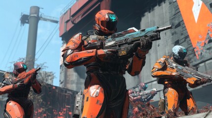 Orange Armored Soldiers in a Post-Apocalyptic Setting