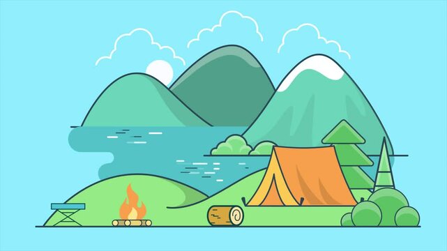 2D Animation of Mountain Camping Scene, Nature Landscape with Tent, Trees, and Campfire, Outdoor Adventure Illustration 