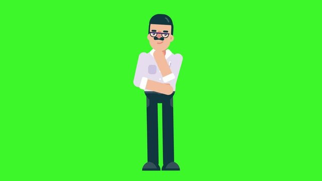 2D Animation of a Man Standing and Thinking, Green Screen Character Animation, Business Idea Concept, 4K Resolution

