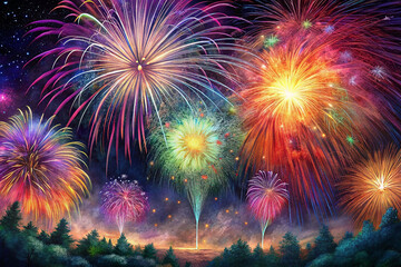 Vibrant fireworks display over a forest at night.