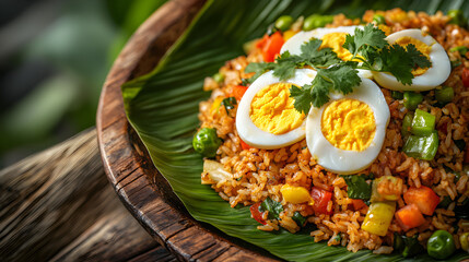 Vibrant and Delicious Traditional Spiced Fried Rice with Boiled Eggs and Fresh Herbs Served on a Banana Leaf