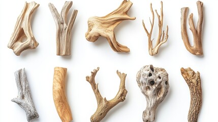 Obraz premium Collection of Driftwood Pieces on White Background