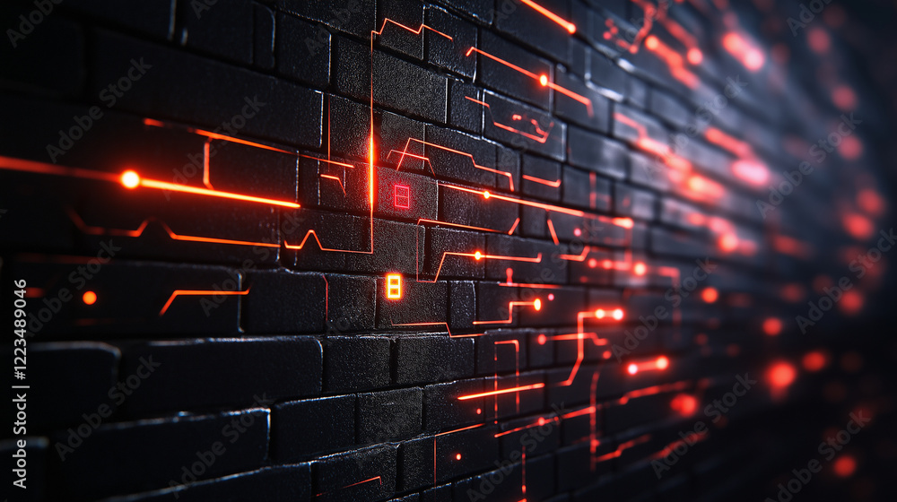 Aufkleber a solid brick wall intersected by glowing cyber connections, with a backdrop of futuristic servers a