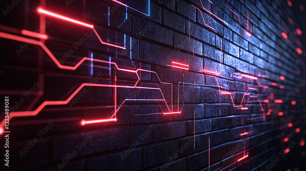 Poster a solid brick wall intersected by glowing cyber connections, with a backdrop of futuristic servers a