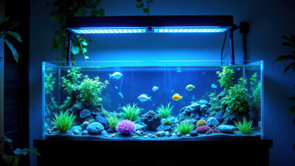 Colorful fish swimming in an aquarium illuminated by a blue light.
