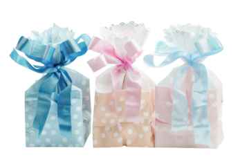 Delicately wrapped pastel gifts sit neatly together, ready for a celebration, adorned with cheerful ribbons and soft polka dots in a bright setting isolated on transparent background