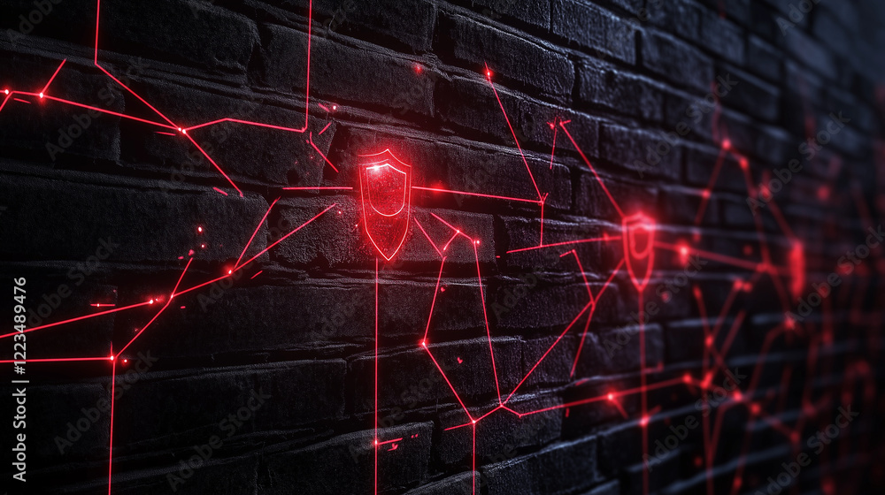 Poster a solid brick wall lit with bright digital paths, forming an intricate web of glowing nodes and shie