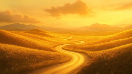 Golden Sunset Over Rolling Hills and Winding Road